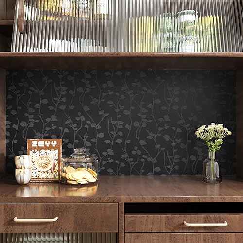 CRE8TIVE Black Wallpaper Peel and Stick Textured Embossed Silk Wallpaper 12"x80" Self Adhesive Black Contact Paper for Cabinets Waterproof Vinyl Roll Branch Leaf Removable Wall Paper for Bathroom Wall