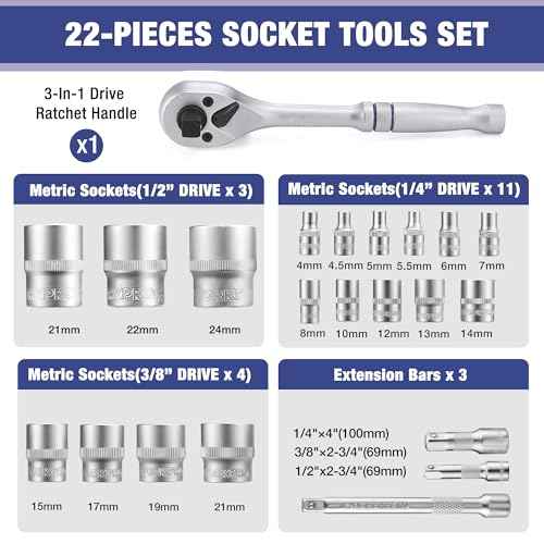 WORKPRO 22-Piece Socket Set with 3-in-1 Ratchet Handle, 1/4, 3/8, 1/2 Inch Drive Socket Wrench, CR-V Metric Socket Set, Extension Bars, Storage Box Included, Mechanics Tool Sets for Auto Repairing