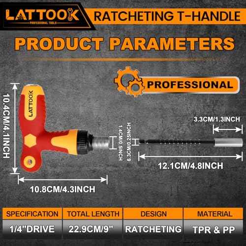 T Handle Ratchet Driver, LATTOOK 1/4¡± Ratcheting Bit Driver T Handle with Adjustable Extension, Non-slip Material, Screwdriver Handle for Holding Bits