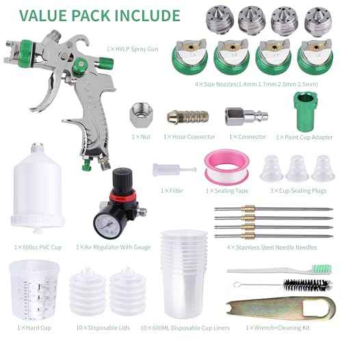HVLP Spray Gun With 10Pcs 600ML Disposable Paint Cups, Automotive Gravity Feed Spray Gun Kit With 4 Nozzles,1.4/1.7/2.0/2.5mm, Sprayer Gun with Air Compressor Regulator for Auto Paint (Green)