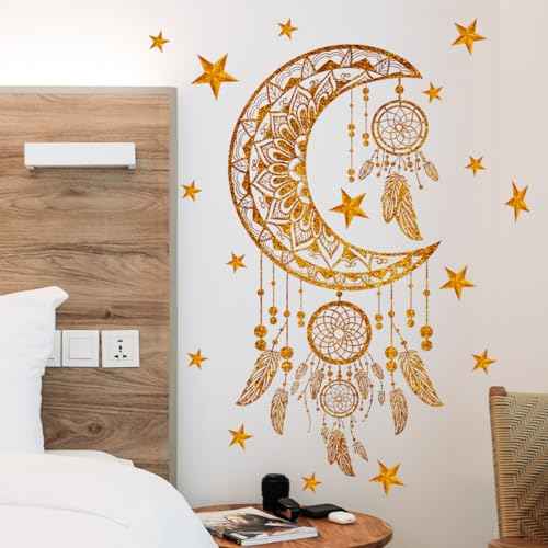 Runtoo Dream Catcher Wall Stickers Gold Star Feathers Wall Art Decal Bedroom Girls Nursery Home Decor