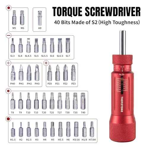 Thorstone Inch Pound Torque Screwdriver Wrench Set with 40pcs S2 Bits, 1/4'' Drive, 10-70 In-lbs for Maintenance, Tool use, Bike Repair, and Mounting