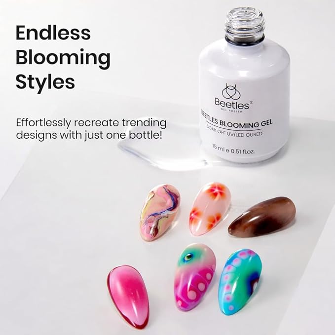Beetles Blooming Gel Nail Polish 15ml, Clear Blooming Gel for Marble, Flower & Aura Nail Art, Soak Off UV LED Nail Design for DIY & Salon Use