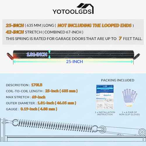 Pair of 170 lbs Heavy Duty Garage Door Extension Springs Stretch Springs, 25¡± Long, Double Loop Ends, High Precision Electrophoresis Black Coated,MIN 16,000 Cycles,for 7ft High Garage Doors