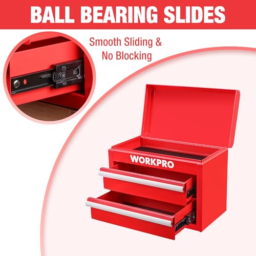 WORKPRO Metal Mini Tool Box, Top Tool Chest containing Two Drawers with Ball Bearing Slides, PVC Drawer Liners and PP Feet Pads, Durable Cold Rolled Steel Small Toolbox for Multi-Purpose Storage
