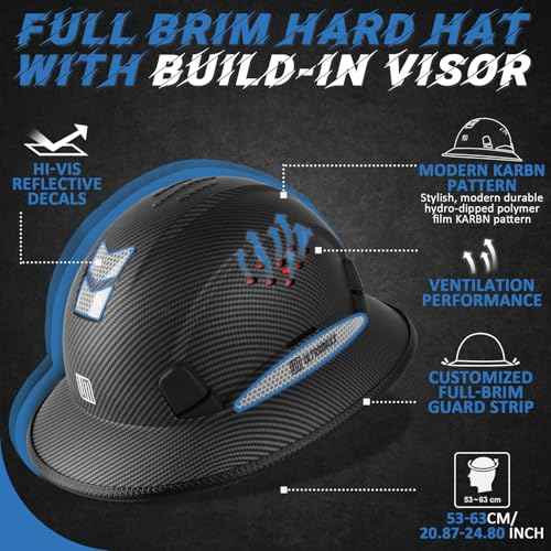 Full Brim Hard Hat with Built-in Visor, ANSI Z89.1 OSHA Approved Construction Safety Helmet with Chin Strap for Men Women