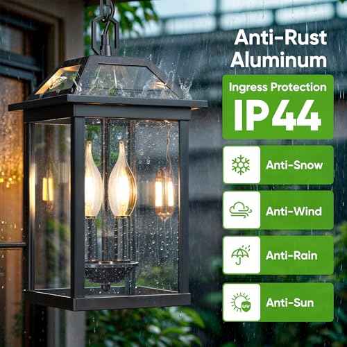 WIHTU Large Outdoor Pendant Light with 2 Bulbs, 14.96" Modern Hanging Lantern Ceiling Mount, Waterproof Outside Chandelier Exterior Hanging Fixture with Tempered Glass for Porch