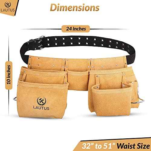 LAUTUS Suede Tool Belt/Pouch/Bag/Work Apron | Carpenter, Construction, Framers, Electrician |11 Pockets | Adjustable Double Pronged Belt | 2 Hammer Loops|