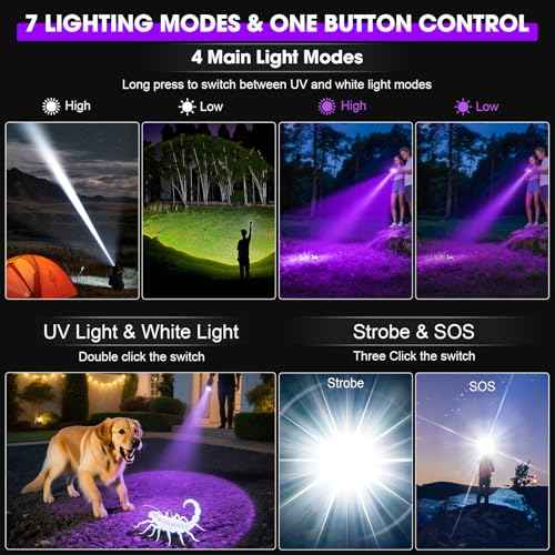 2-in-1 365nm UV Flashlight & High Lumens LED Flashlight, 7 Modes, 18H Runtime, Waterproof, 6 LED Rechargeable Black Light for Pet Urine Detection, Curing Resin, Outdoor Emergencies, Scorpion Hunting
