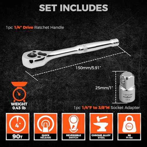 HORUSDY 1/4" Drive 90-Tooth Quick-Release Ratchet Handle with 1/4" to 3/8" Adapter, Reversible Thin Profile Socket Wrench, 4¡Æ Swing Arc, Ergonomic Anti-Slip Grip, Ideal for Auto, Bike & Home Repair