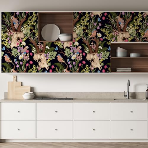 Peel and Stick Wallpaper Deer Skull, Boho Floral Wallpaper DIY Decor, 17.7"¡¿118"