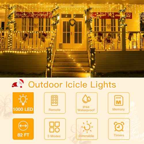 Ollny Icicle Lights for Outside 1000LED 82FT, Warm White Christmas Light with Remote 8Modes Timers Waterproof Dimmable, Plug in Hanging Lights for Outdoor Indoor House Roof Holiday
