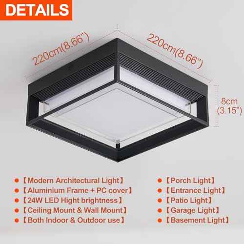 Square Flush Mount Outdoor LED Ceiling Light Fixture, 120V 24W 3000K 9 inch Medium Overhead Porch & Patio Lights Ceiling Mounted, Waterproof Suitable for Wet Areas, Black
