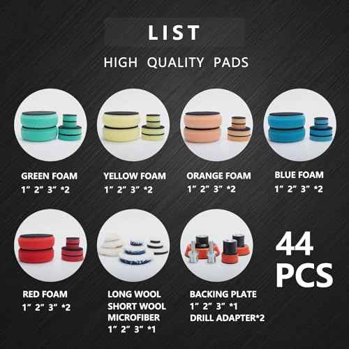 Car Foam Drill Polishing Pad Kit, 44Pcs 1inch 2inch 3inch Detail Polishing Buffing Pad Mix Size Car Detailing Kit with 5/8-11 Thread Backing pad & Adapters for Buffer Polisher Polishing, Buffing