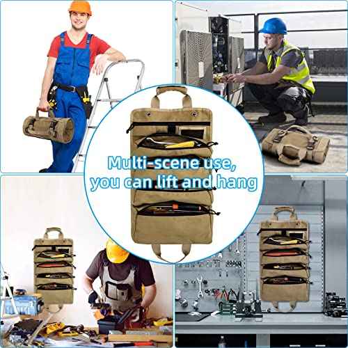 Roll Up Tool Bag, Koolertron 4 Zippers Water Resistant Wrench Tool Organizer, 900D Oxford Cloth Multi Pockets Storage for Mechanic/Electrician, Ideal Gift for Him, Khaki