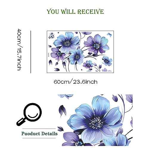 Blue-Purple Ink Daisy Violets Flower Wall Stickers, sacinora Butterfly Floral Art Wall Decals Removable Vinyl Peel and Stick for Living Room Bedroom Nursery Children's Room Decorations