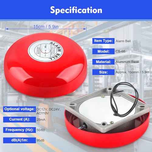 CB-6B 95dB 5.9in Electric Round Fire Alarm Bell, Aluminum Base for School, Home, and Factory Security Ideal for Elevators, Industrial, and Construction Applications (AC 110V)
