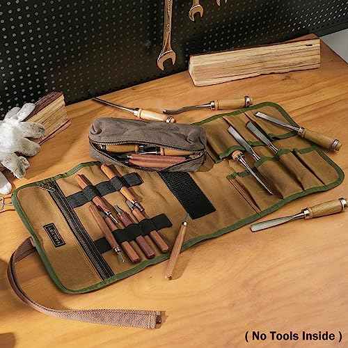 16OZ Waxed Canvas Tool Roll Bag, Heavy Duty Tool Storage Roll Bag with 7 Tool Slots & 1 Detachable Pouch, Khaki Tool Organizer for Wrenches and Tools (23.5"L x 9.5"W)
