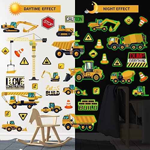 Glow in The Dark Construction Wall Decals, 39 Pcs Luminous Cartoon Wall Stickers Decals Glowing Self-Adhesive Truck Car Excavator Stickers for Ceiling Decor Nursery Bedroom Playroom Decor Boys Gifts