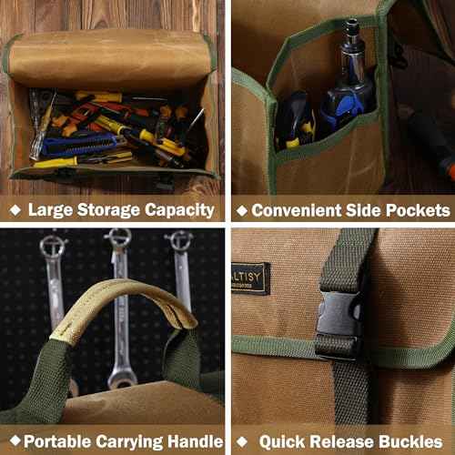 Tool Bag, Heavy Duty 16oz Waxed Canvas Tool Carrier, Multi-Purpose Tote Bag with 1 Large Capacity & 2 Side Pockets, Portable Tool Storage for Wrenches Chisels Scissors Hammer - Khaki