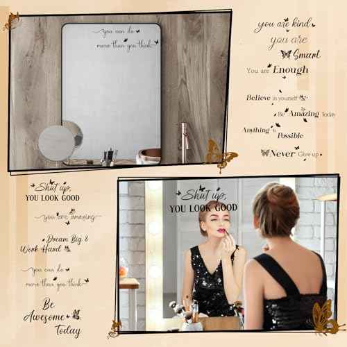 Geyoga 12 Pcs Inspirational Quote Mirror Decals Vinyl Positive Saying Affirmations Mirror Stickers Motivational Window Decals Peel and Stick for Home Office Staff Bathroom Wall Art(Butterfly)