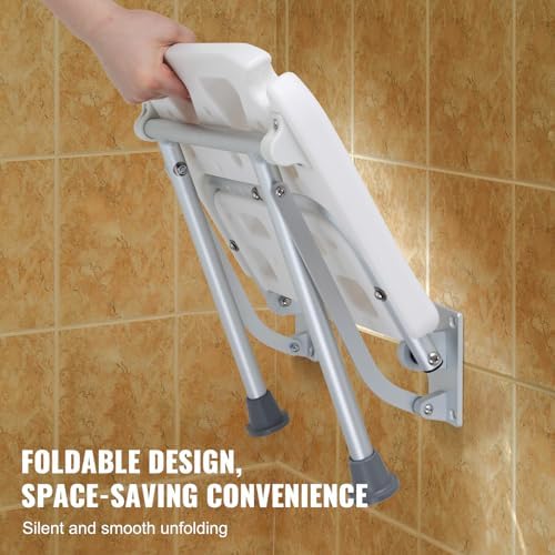 VEVOR Folding PE Shower Seat, 15.7'' x 14.8'' Unfolded, Wall Mounted Fold Up Shower Bench with 500 lbs Load Capacity, Space Saving Fold Down Shower Chair for Seniors Pregnant Women Children Adults