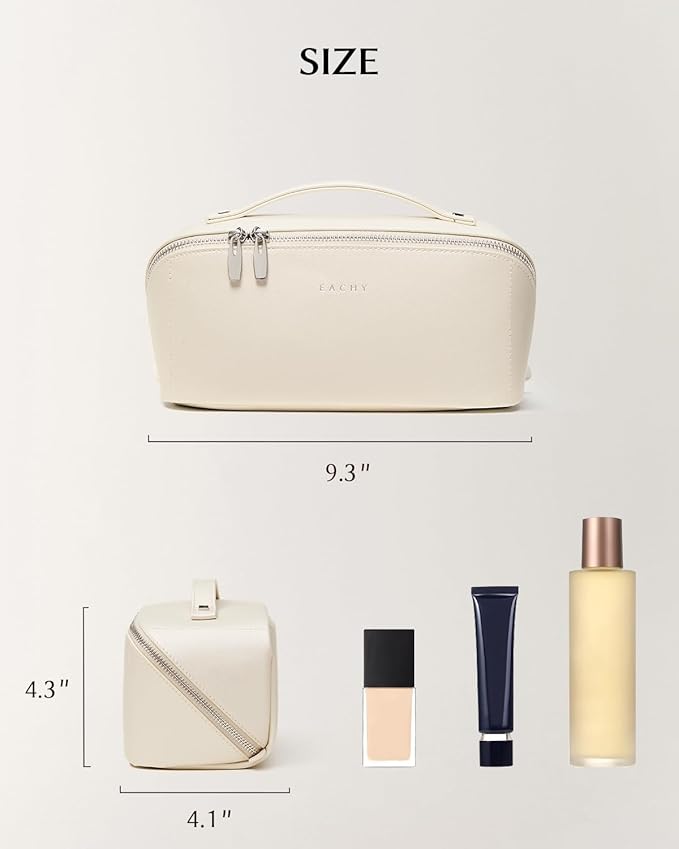 EACHY Travel Makeup Bag, Large Capacity Cosmetic Bag for Women, Waterproof PU Leather, Flat Open Portable Toiletry Bag for Skincare, Brushes & Travel Essentials