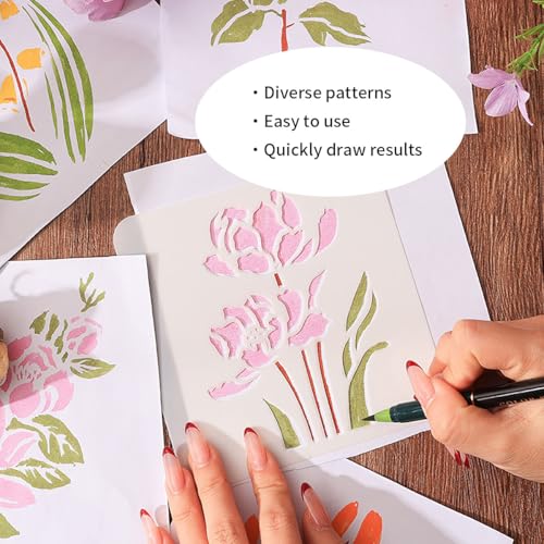 12PCS Flower Stencils, Rose Lotus and Tulip Pattern Wall Stencils for Painting, Floral Stencils for Crafts Reusable Drawing Aids