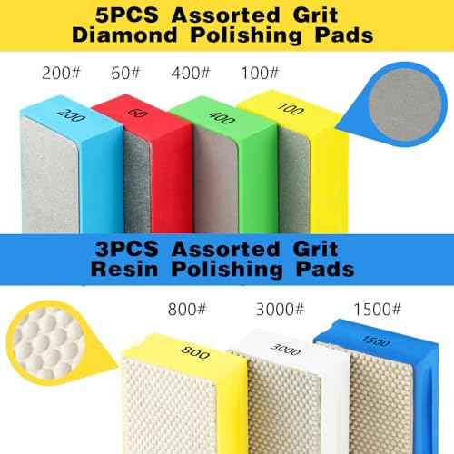 7 Pcs Diamond Hand Polishing Pads 60/100/200/400/800/1500/3000 Grit Diamond Sanding Pads Wet and Dry Sanding Block with Sponge Backing for Glass Tile Stone Concrete Granite Marble Ceramics