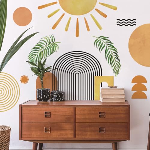 Runtoo Boho Wall Decal Arch Sun Palm Leaves Wall Stickers for Girls Bedroom Living Room Kids Nursery Abstract Modern Home Decor
