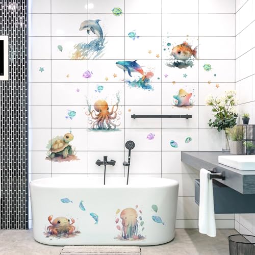 Runtoo Under The Sea Wall Decals Fish Turtle Jellyfish Ocean Sea Life Underwater Wall Stickers Bathroom Baby Nursery Kids Bedroom Wall Decor