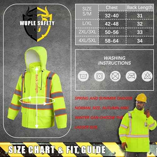Men's Hi Vis Rain Jacket & Safety Rain Coat Waterproof Lightweight with Hood, Class 3 Reflective Adult Yellow Work Rain Jacket (L/XL)