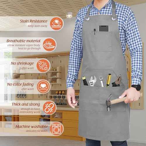 Adjustable Work Apron for Men,Heavy Duty Canvas Shop Apron Crossback with Tool Pockets (Grey)