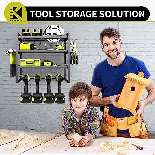 KAFAHOM Power Tool Organizer,4 Layer Drill Holders Wall Mount,Heavy Duty Metal Organizers and Storage Rack for Garage Organization,Tools Shelves with Screwdriver Plier/Hammer Holder, Black