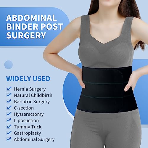 Abdominal Binder Post Surgery - Elastic Belly Band Compression Stomach Wrap Tummy Tuck Belt - Skin Friendly, Breathable, Soft - (45" - 60") 3 Panel - 9" BLACK
