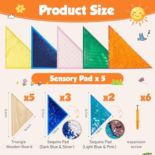 10 Pieces Wooden Sensory Wall Panel|Kids Triangle Wall Sensory Board with 5 Pieces Sequin Flip Fabric & 5 Pieces Replaceable Textured Mats|Sensory Tiles Decal,Sensory Room Must Haves