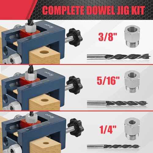 Self-Centering Doweling Jig Kit for Woodworking ? Adjustable Width Dowel Jig for Straight Holes with 3 Drill Guide Bushings & 3 Drill Bits (1/4'',3/8'',5/16'')£¬Woodworking Joints Tools