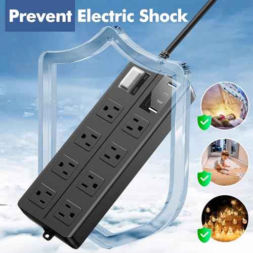 VNJ Outdoor Power Strip with 8AC Outlets + 4USB Ports, IPX6 Waterproof Surge Protector, Safety Lock Design and ETL-Certified Cables, 15FT Extension Cord for Home, Garden, and Commercial Use