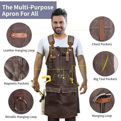 Waxed Canvas Woodworking Apron - 22oz Carpenter Apron for Men and Women, Shop Aprons with 9 Pockets & Cross Back Straps