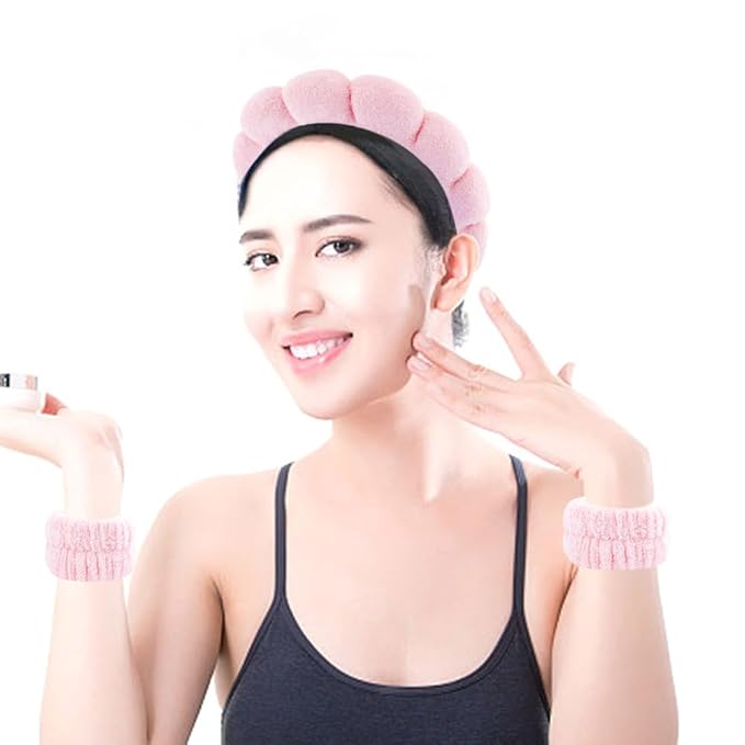 SPA Headbands for Washing Face Makeup Headbands with Bow Hair Band Women Facial Head Band Wrist Towel Wraps For Shower Face Mask Blue Pink, 6 Pack