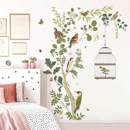Removable Tree Bracnch Wall Decal Fresh Plant Leaves Wall Sticker Birds and Hanging Birdcage Wall Decor for Kids Girls Baby Boys Bedroom Living Room Bathroom Playroom Classroom Nursery Decoration