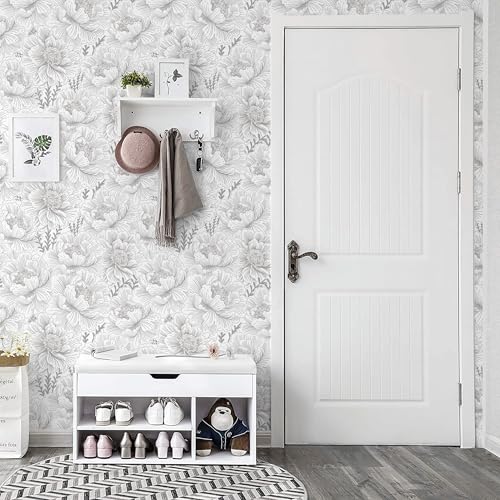 GloryTik Floral Peel and Stick Wallpaper Boho Grey and White Contact Paper Modern Self Adhesive Removable Wall Paper for Bedroom Bathroom Cabinets Renter Friendly Wallpaper Vinyl Roll 17.3" X 197"
