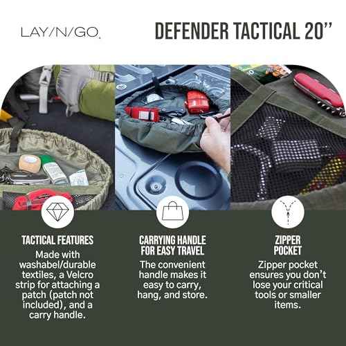 Lay-n-Go Defender Tactical Bag for Gear - Multifunctional Lay-Flat Military Tactical Travel Sack w/Zippered & Mesh Pockets - Water-Resistant, Machine-Washable Utility Tool Bag (20", Green)