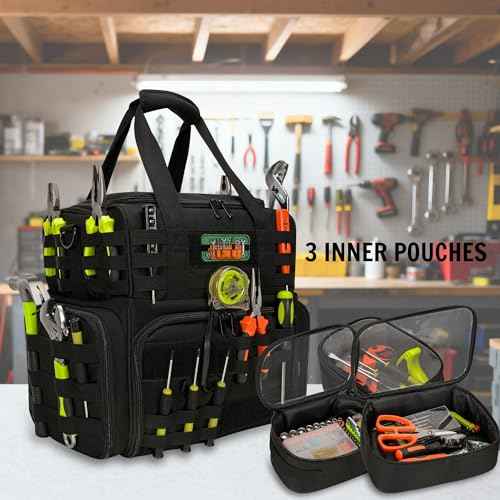 Tactical Tool Bag with 3 Inner Pouches, Portable Handheld and Shoulder Sling Tool Tote Organizer with MOLLE System, Large Capacity for Electricians, Technicians, Repairman, HVAC Techs, Black
