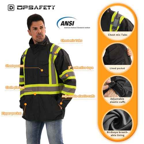 Reflective Rain jackets for men waterproof,Hi Vis Safety Coat With Reflective Strips£¬High Visibility Class 3 Rain jackets With 2 large pockets£¬Zipper,Black £¬LG/XL