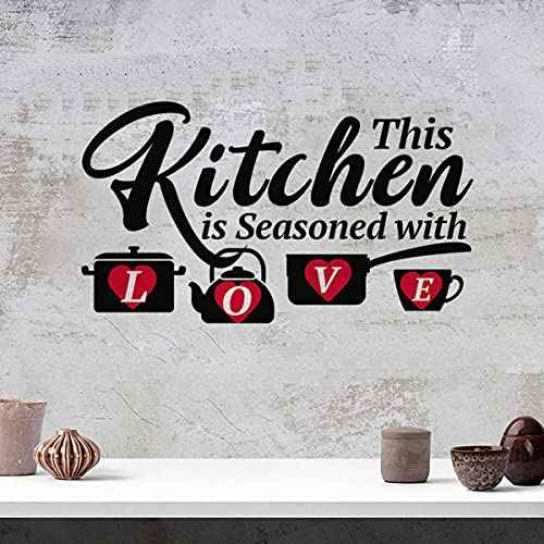 Kitchen Funny Quotes Wall Decals, This Kitchen is Seasoned with Love Family Love Words Red Hart Wall Decor for Dining Room Kitchenware Decoration Vinyl Wall Sticker for Restaurant Cafe