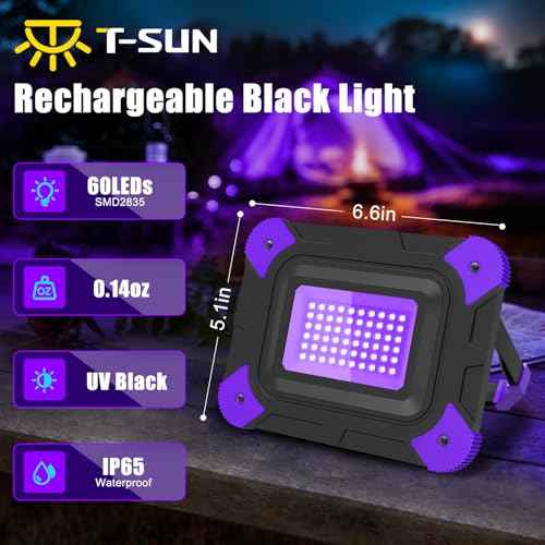 T-SUN Rechargeable Black Lights, Battery Powered Black Lights for Fishing Portable Blacklights for Glow Party Body Paint Fluorescent Poster Neon Party 4 Packs
