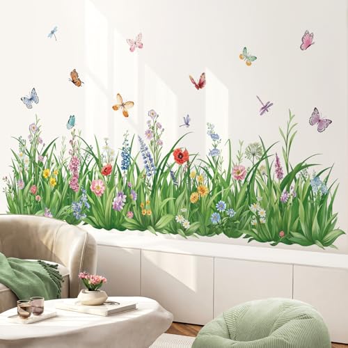 wondever Green Grass Wall Corner Stickers Flowers Butterflies Wildflower Baseboard Skirting Line Wall Decals for Bedroom Living Room