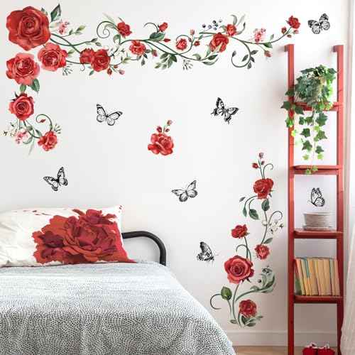 decalmile Red Rose Vine Wall Decals Flowers Butterfly Leaves Wall Stickers Bedroom Living Room Kitchen Wall Decor