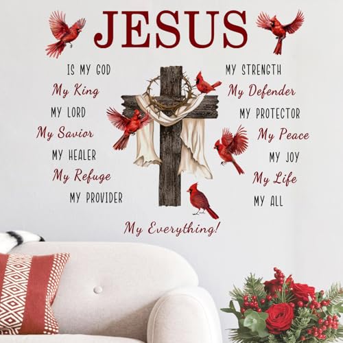 Yovkky Christian Cross Cardinal Memorial Wall Decals Stickers, Religious Red Birds Jesus is My God Home Bedroom Decor, Bible Verse Quotes Living Room Kitchen Decorations Art